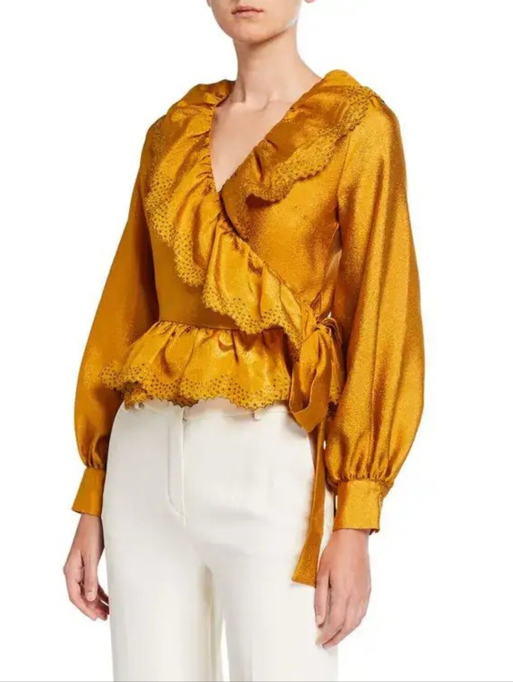 Stine Goya Carly Gold Embroidered Wrap Blouse NWT Metallic Ruffle Top Size Small